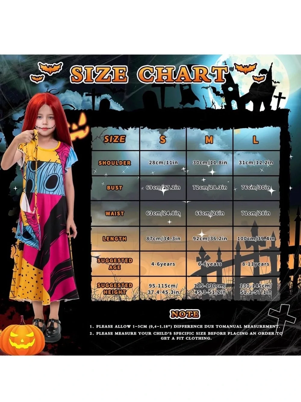 Girls Sally Costume From Nightmare Before Christmas, Includes Red Wig Size Small